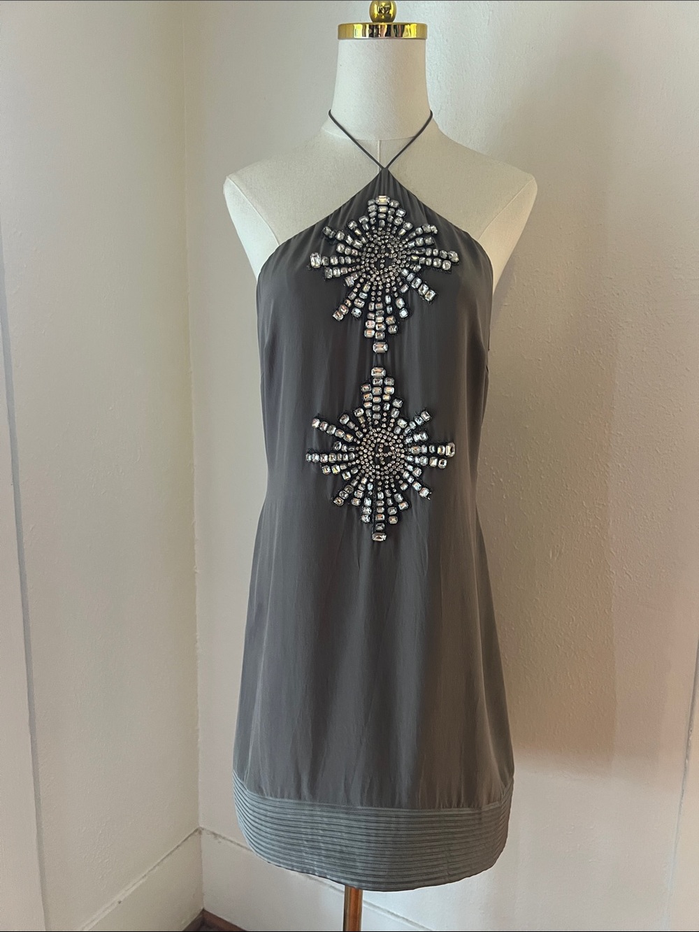 bebe vintage Y2K NWT Grey Silk Halter Mini Dress Rhinestone Starburst Accents M